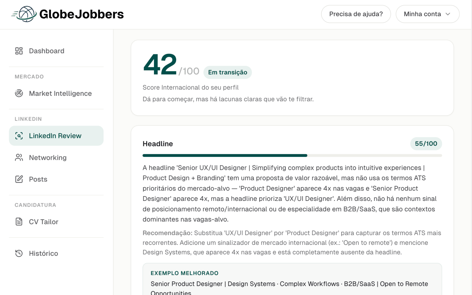Tela do LinkedIn Review do GlobeJobbers mostrando o Score Internacional e o diagnóstico da headline
